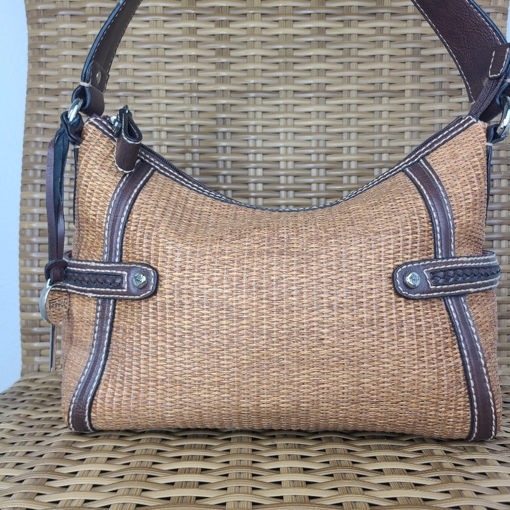 Fossil Bag Satchel Tan Straw Material Brown Leather Shoulder Strap Key Charm - Picture 2 of 16